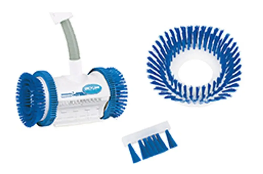 Bürstenset in Blau und Weiß von Grünbeck, bestehend aus einem Reinigungsgerät mit rotierenden Bürsten und einer zusätzlichen Bürste. Ideal für die Pflege von Pools.